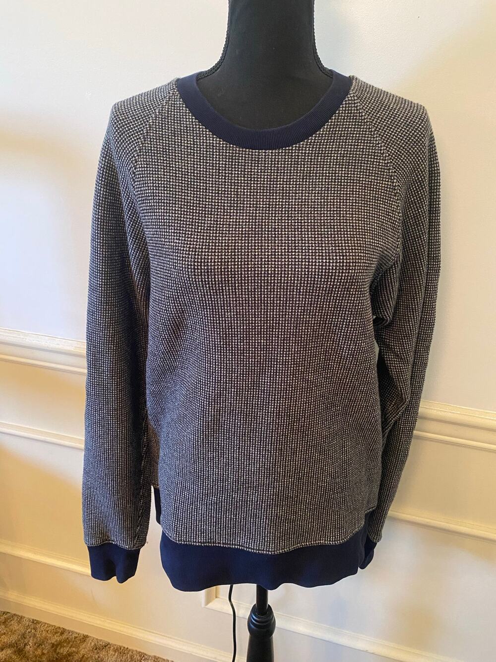 Vintage J. Crew Checkered Knit Crewneck Pullover Sweater Navy White Men's Medium
